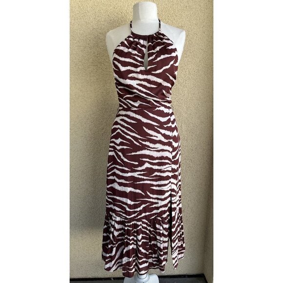 Paige Jade Cherrywood Cream Zebra printed halter ruffle hem midi dress Small - Picture 3 of 15